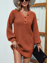 Casual Puff Sleeves Solid Color V-Neck Sweater Dresses